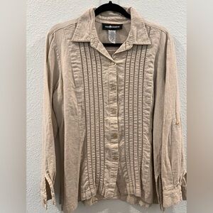 Sag Harbor Khaki Linen Button Down Blouse EUC Medium